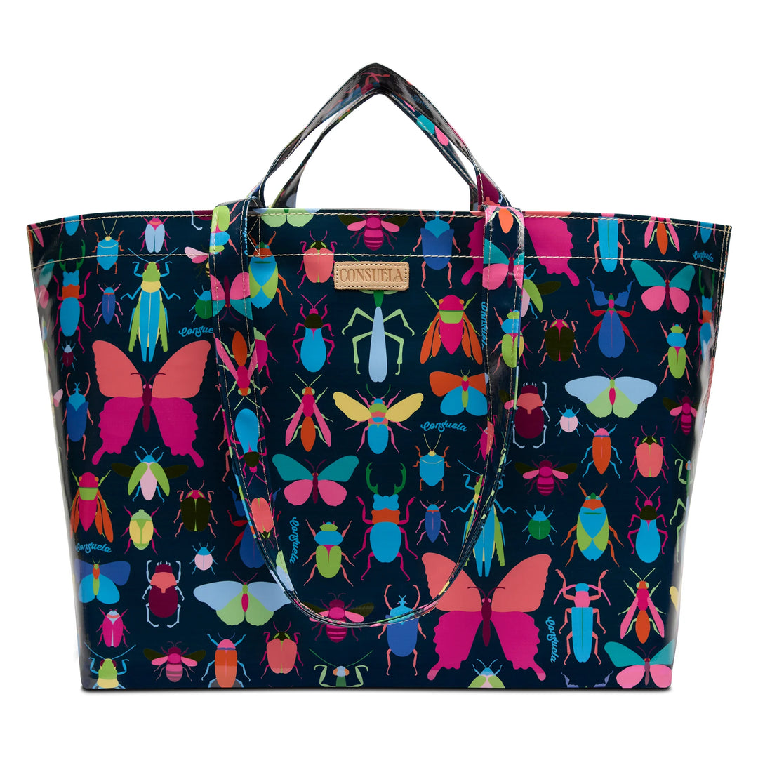 Consuela Gemma Grab 'n' Go Jumbo Bag showing the oversized navy blue utility tote with a colorful whimsical beetle and bug print.