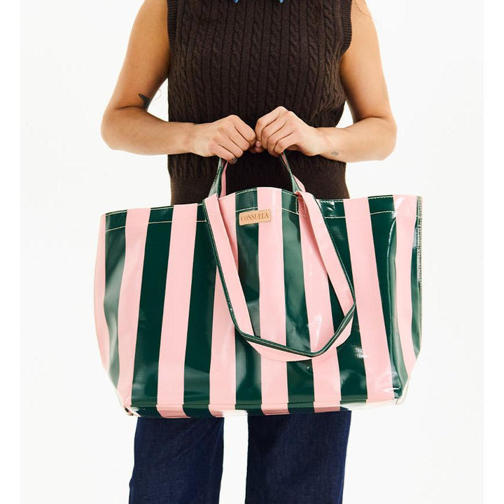 Consuela Fern Jumbo Bag featuring a deep green and light pink ConsuelaCloth wipe-clean exterior.