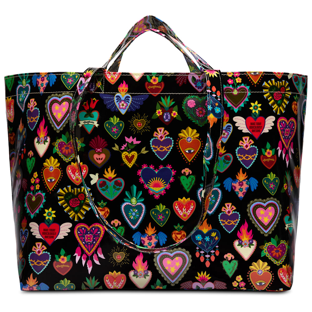 Front view of the Consuela Vida Grab n Go Jumbo black tote, its wide body covered in vibrant corazon hearts, flames, and flowers.