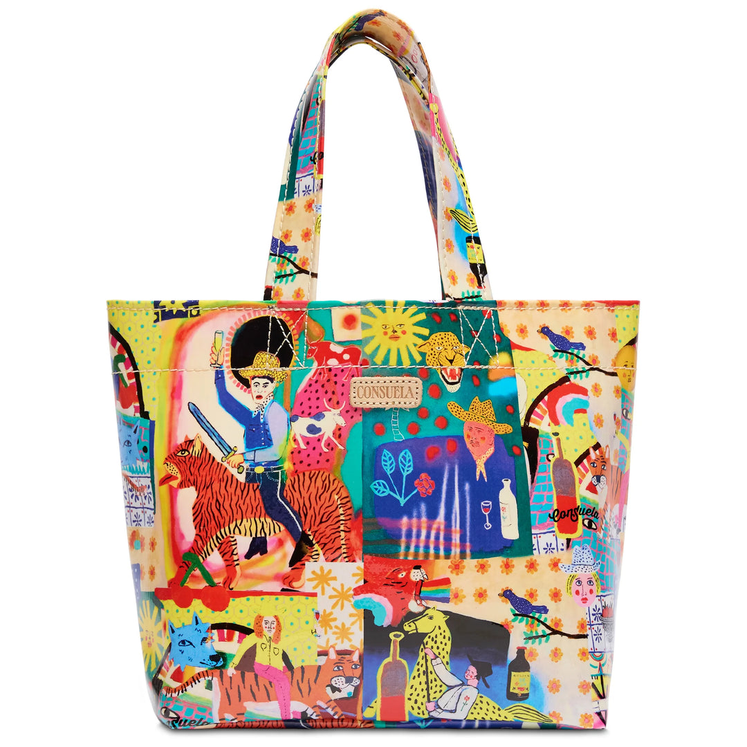 Consuela Colin Mini Bag with exclusive artist collaboration print, natural leather logo, and compact utility tote design.