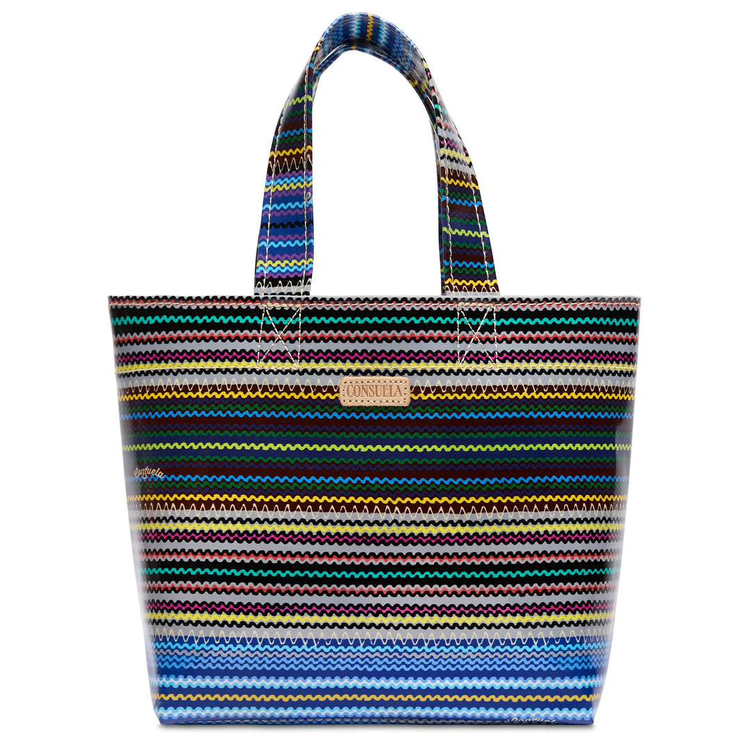 Consuela Hadley Mini Bag featuring bright stripes and natural leather logo, used as a small utility tote or lunch bag.