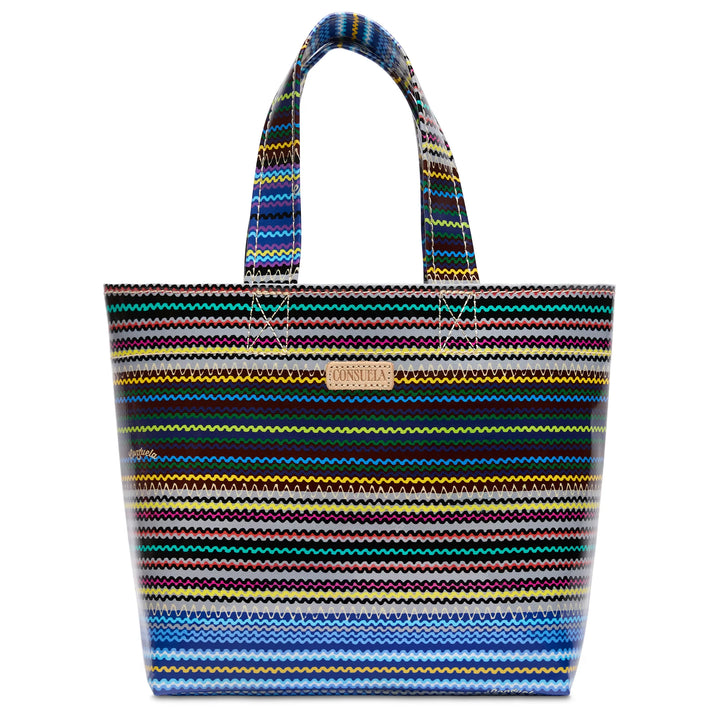 Consuela Hadley Mini Bag featuring bright stripes and natural leather logo, used as a small utility tote or lunch bag.