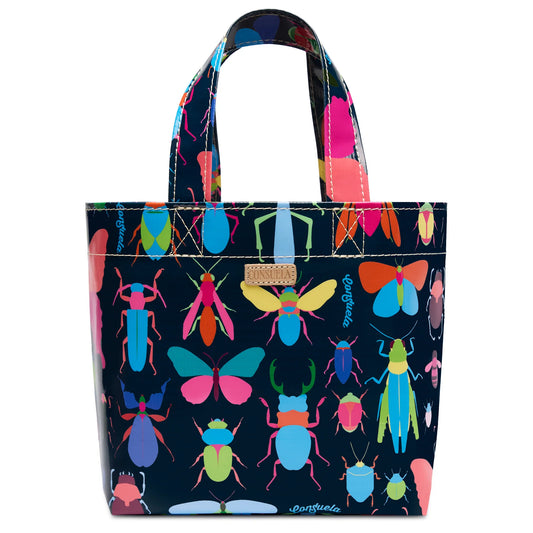 Consuela Gemma Grab 'n' Go Mini bag with a colorful beetle and insect print on a black background.
