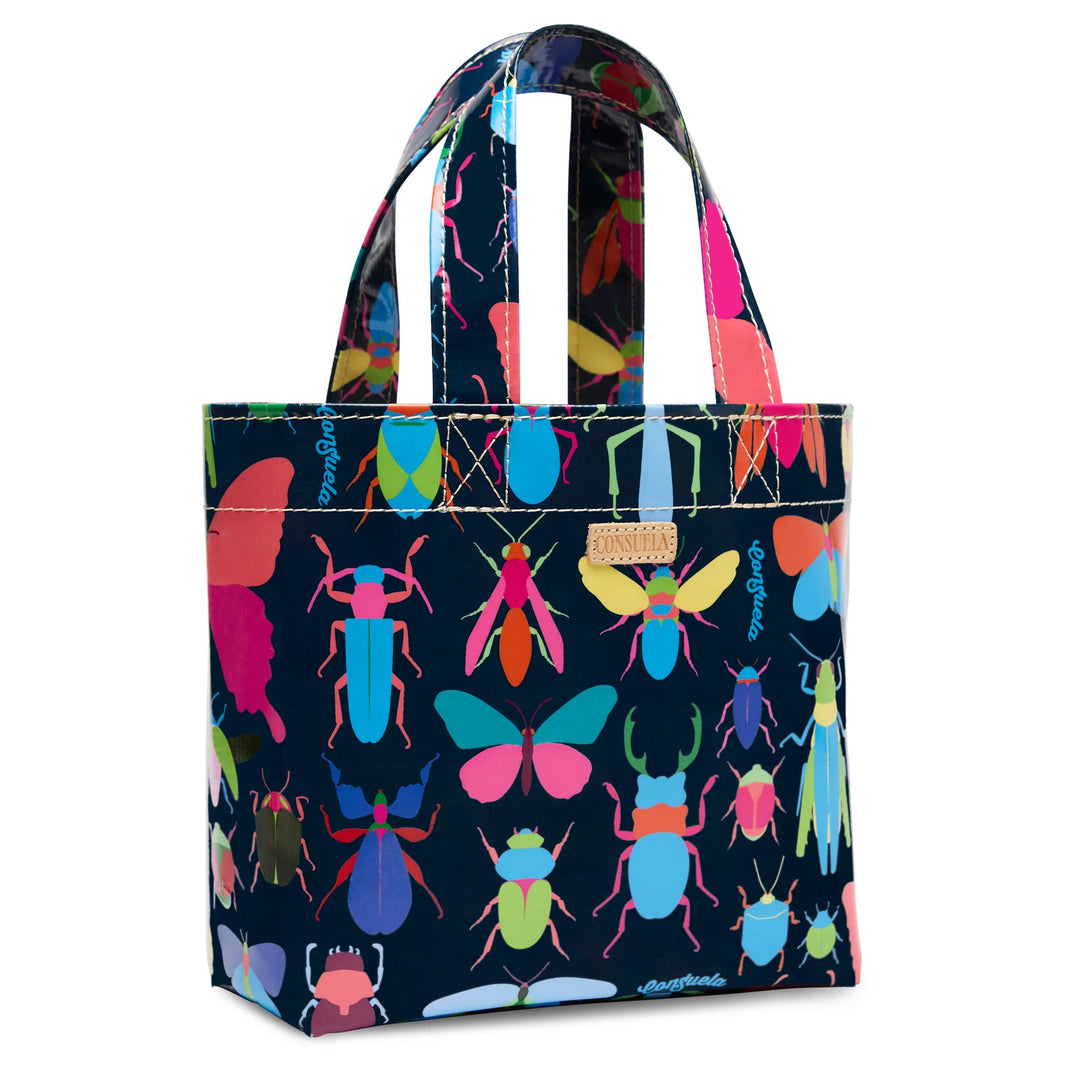 Close-up of the multi-colored Gemma insect print and Diego natural leather logo accent.