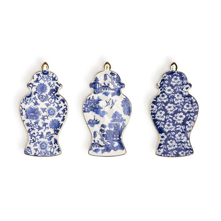 Blue and White Ginger Jar Trinket Tray with Gold Accent Assorted 3 Patterns