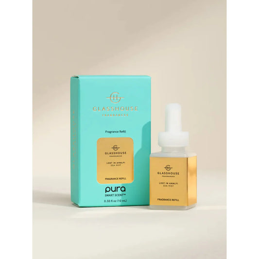 Pura smart fragrance vial in Lost in Amalfi by Glasshouse Fragrances, featuring a vibrant turquoise and yellow label.