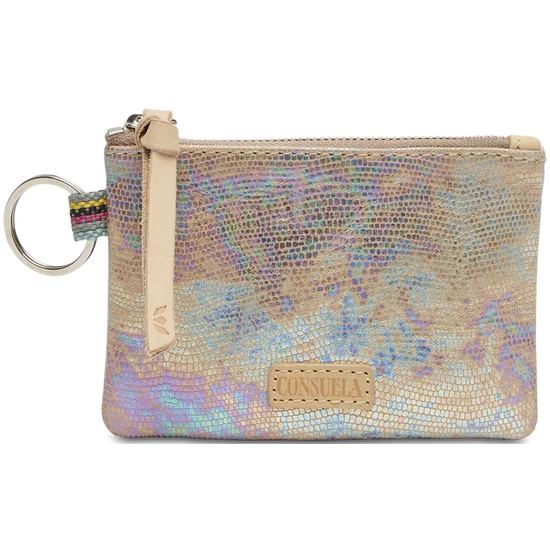 Consuela Gloria Pouch in textured iridescent leather with a natural leather zipper pull and attached keyring.
