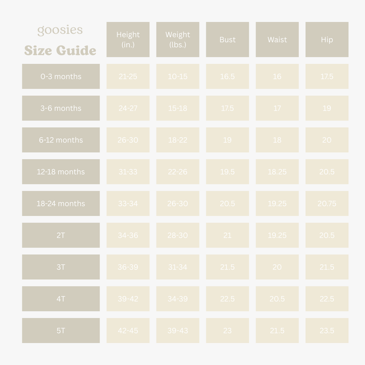 Goosies 3/4 Sleeve Pocket Dress Does and Fawns size chart