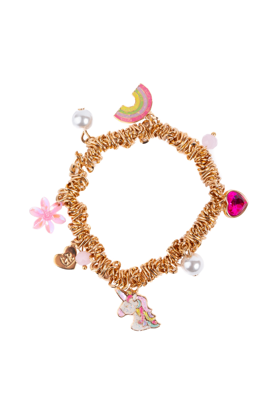 Great Pretenders Fairytale Wonderland gold charm bracelet with unicorn, heart and rainbow charms