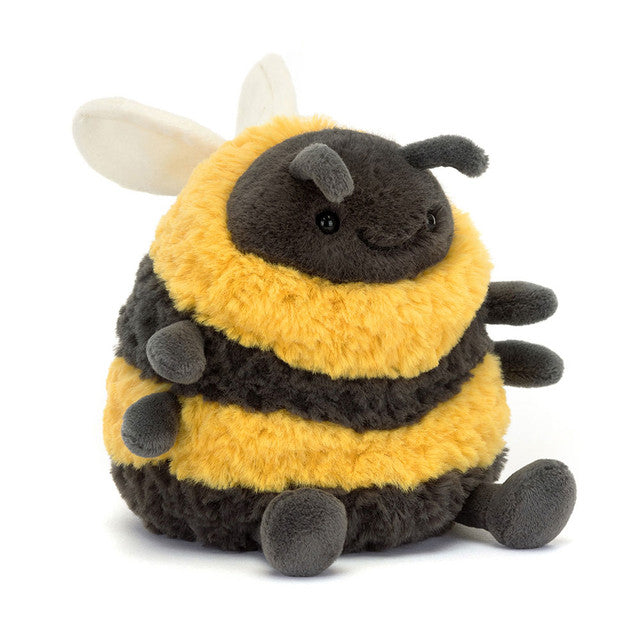 Soft yellow and black striped Jellycat Albee Bee plush with small wings and a smiling face.