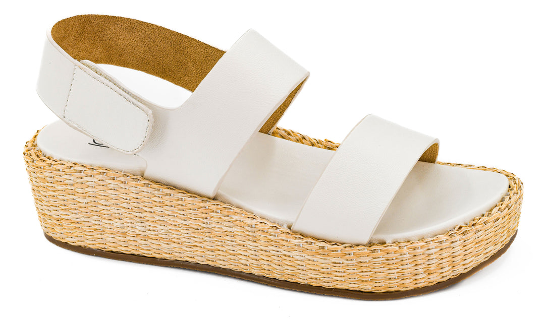 Corkys Heatwave Platform Sandal in white featuring a woven platform sole and adjustable ankle strap.
