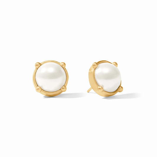 Gold earrings with white pearls on a white background
