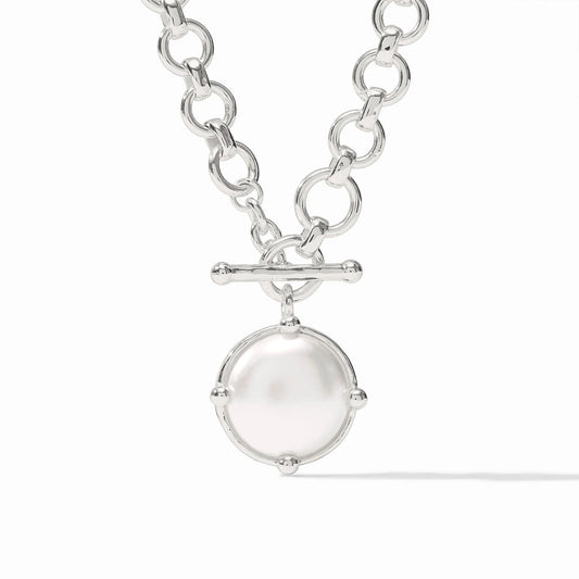 Julie Vos Honeybee Demi Silver Necklace featuring a large circular pendant with a central pearl and bee motif.