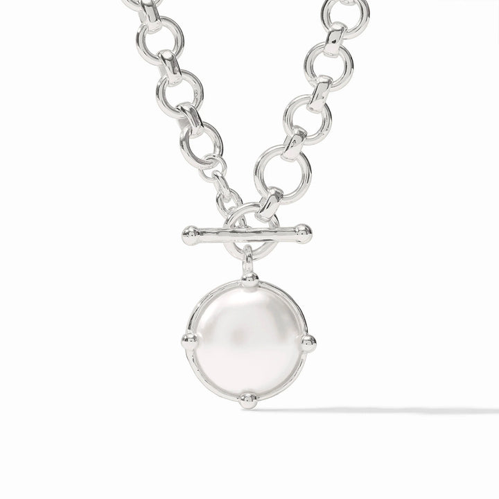 Julie Vos Honeybee Demi Silver Necklace featuring a large circular pendant with a central pearl and bee motif.