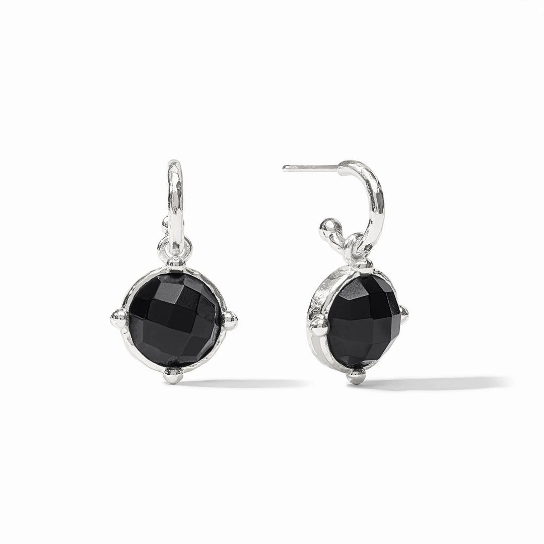 Julie Vos Honeybee Hoop &amp; Charm silver earrings with faceted Obsidian Black charm on huggie hoops