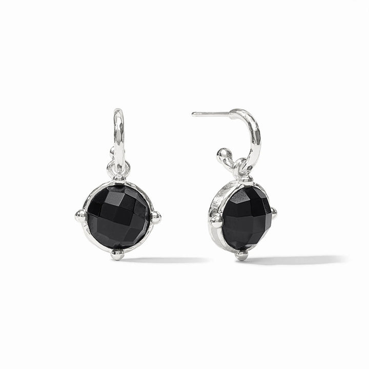 Julie Vos Honeybee Hoop &amp; Charm silver earrings with faceted Obsidian Black charm on huggie hoops