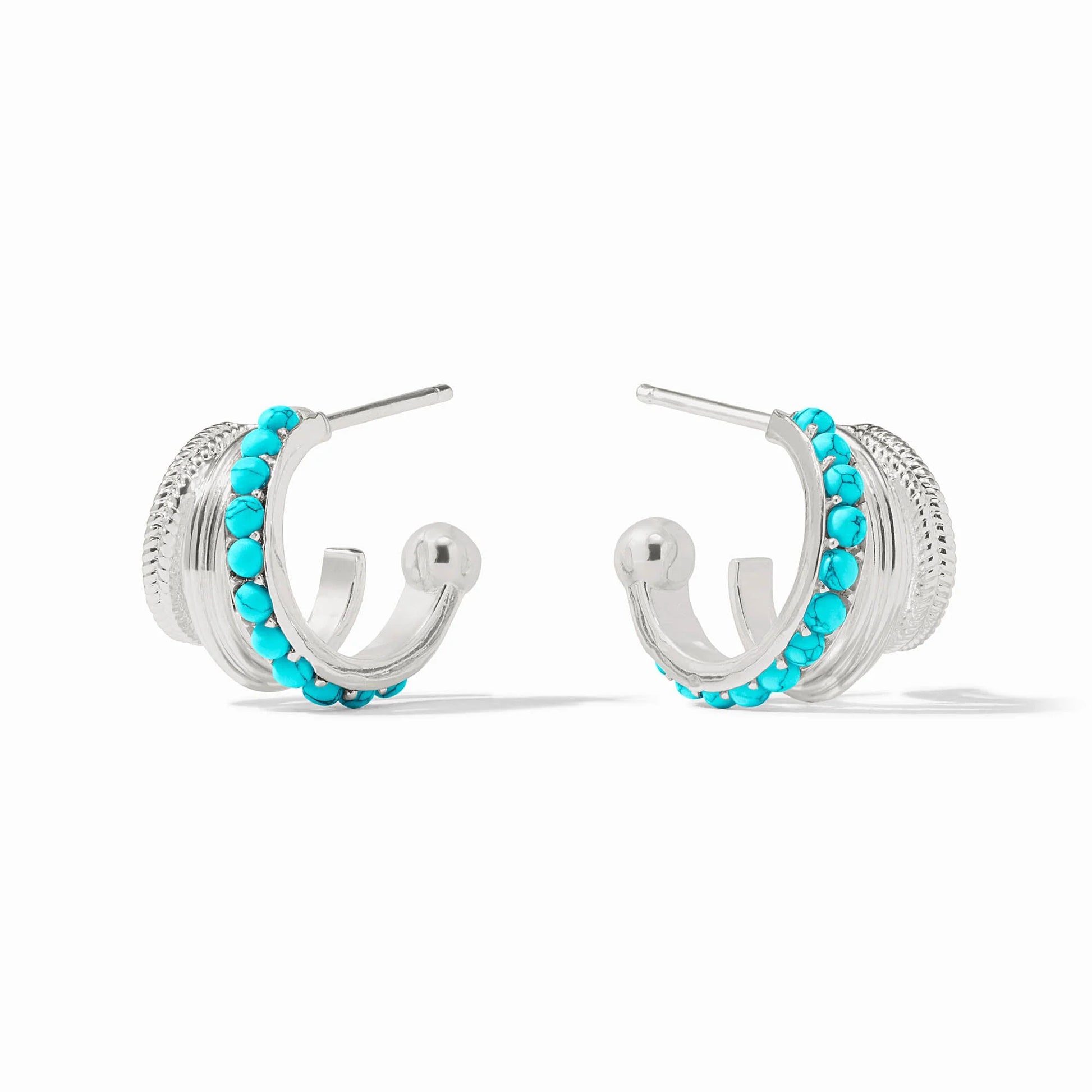 Side view of the Hydra Triple Silver Hoop showing the shell pearl accents and the 0.7-inch scale.