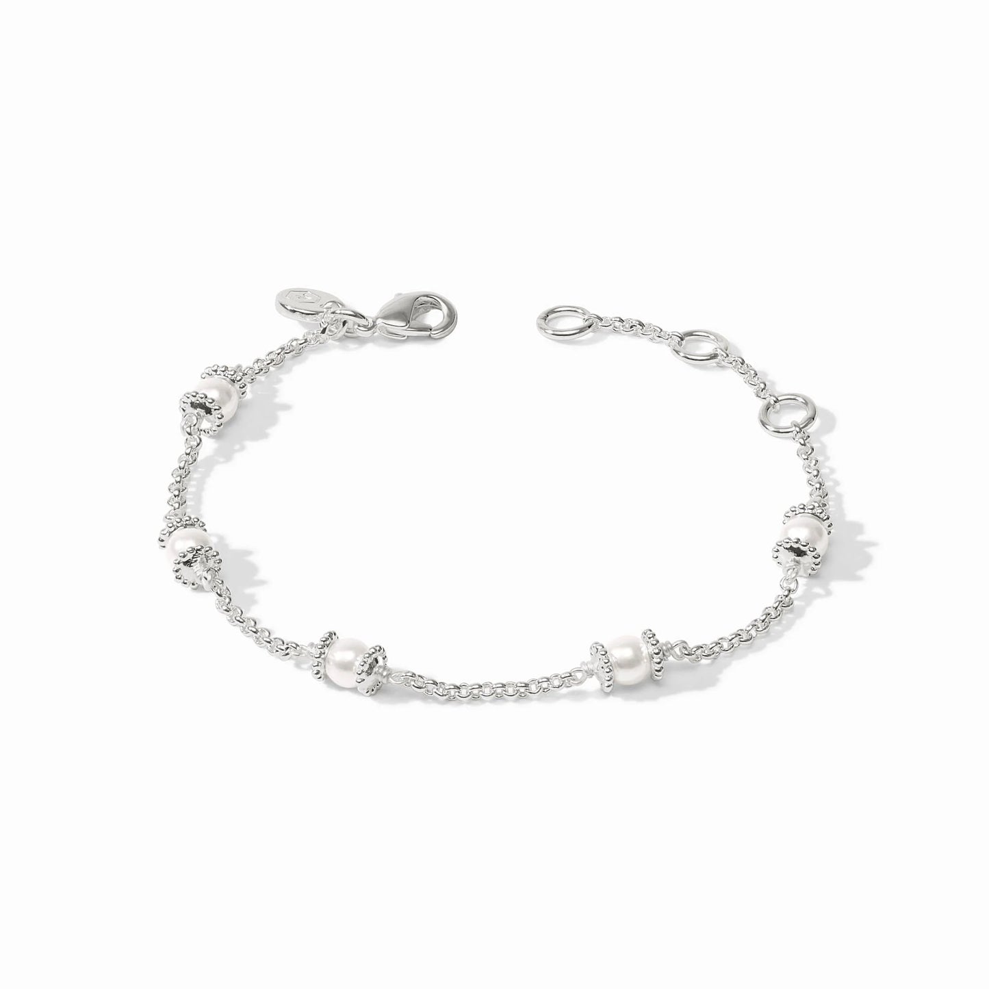Julie Vos Hydra Delicate Silver Bracelet featuring a thin chain and a central shell pearl accent.