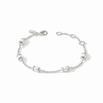 Julie Vos Hydra Delicate Silver Bracelet featuring a thin chain and a central shell pearl accent.