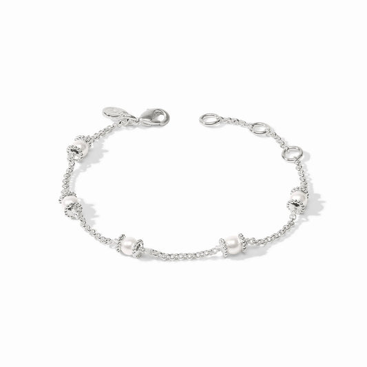 Julie Vos Hydra Delicate Silver Bracelet featuring a thin chain and a central shell pearl accent.