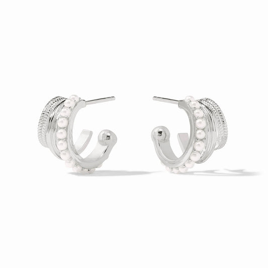 Julie Vos Hydra Triple Silver Hoop earrings featuring three layered bands of braided, fluted, and stone-studded silver.