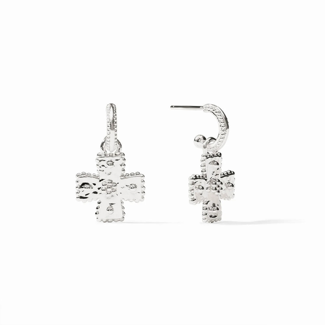 	Julie Vos Canterbury silver earrings featuring beaded huggie hoops and hand-hammered cross charms.