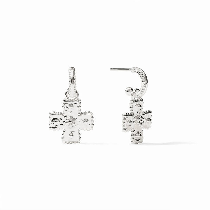 	Julie Vos Canterbury silver earrings featuring beaded huggie hoops and hand-hammered cross charms.