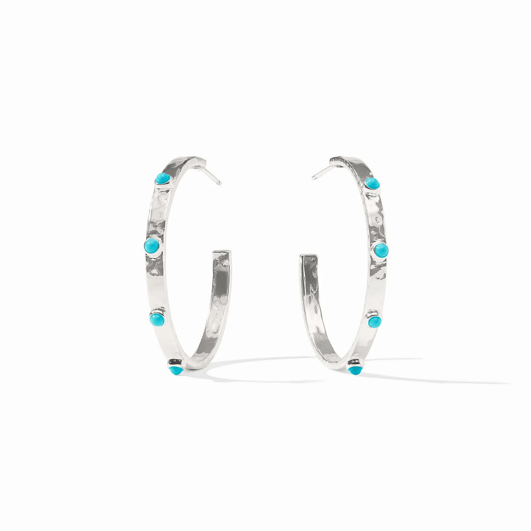 Julie Vos Crescent Stone Silver Hoop earrings featuring a textured silver finish and turquoise stone accents.