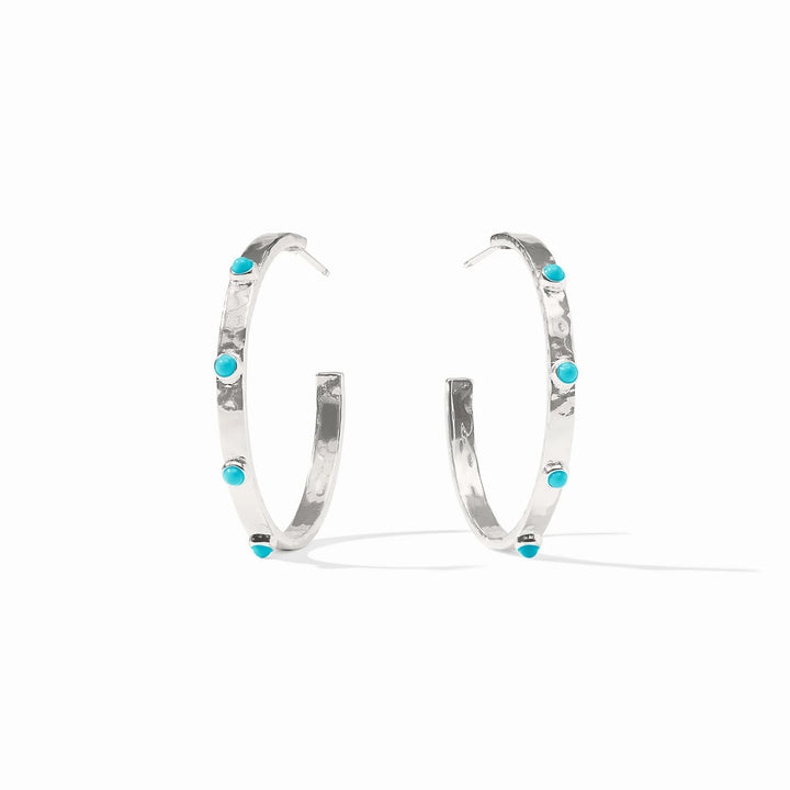 Julie Vos Crescent Stone Silver Hoop earrings featuring a textured silver finish and turquoise stone accents.