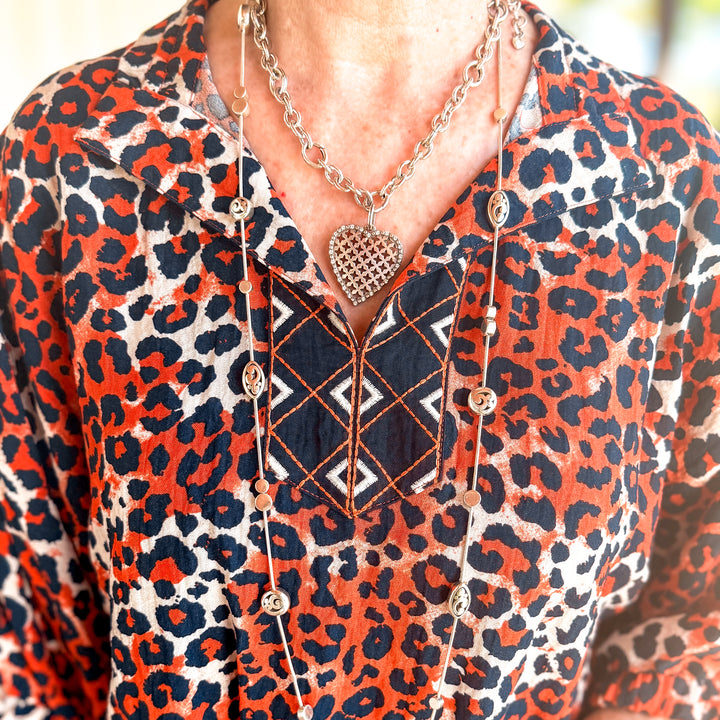 Multiples Elastic S/S Dolman Stand Collar Embroidered Woven Top in Multi