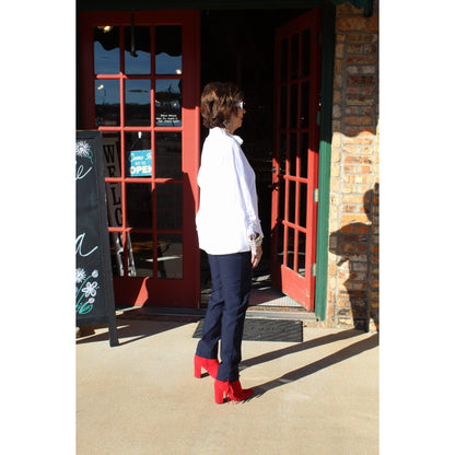 3/4 Drawstring Sleeve Band-Collar Fringe Hem Pullover – White