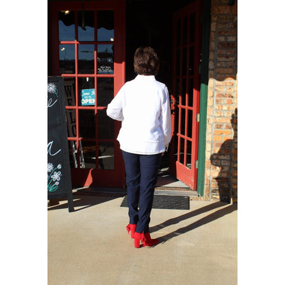 3/4 Drawstring Sleeve Band-Collar Fringe Hem Pullover – White