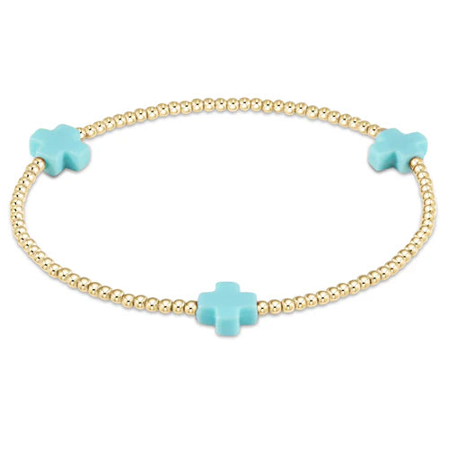 Signature Cross Gold Pattern 2mm Bead Bracelet - Turquoise