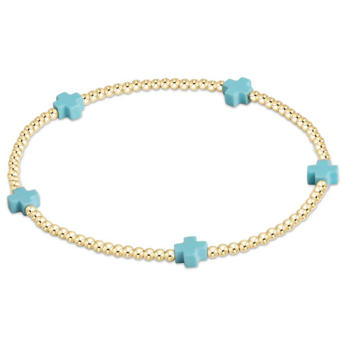 signature cross small gold pattern 2mm bead bracelet - Turquoise