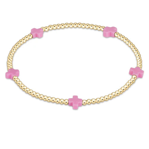 signature cross small gold pattern 2mm bead bracelet - Bright Pink