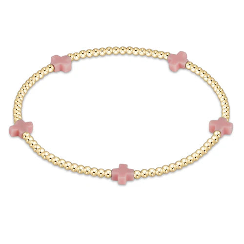 signature cross small gold pattern 2mm bead bracelet - Pink