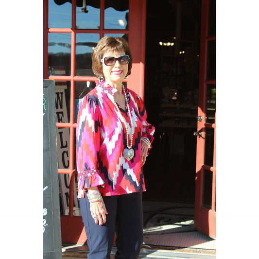 Cuffed 3/4 Flounce Sleeve Notch-Neck Ruffle Stand Collar Top – Pink Multi