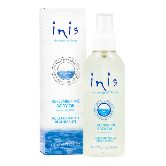Inis Replenishing Body Oil 5 fl. oz. spray bottle featuring sea-inspired blue and white packaging.