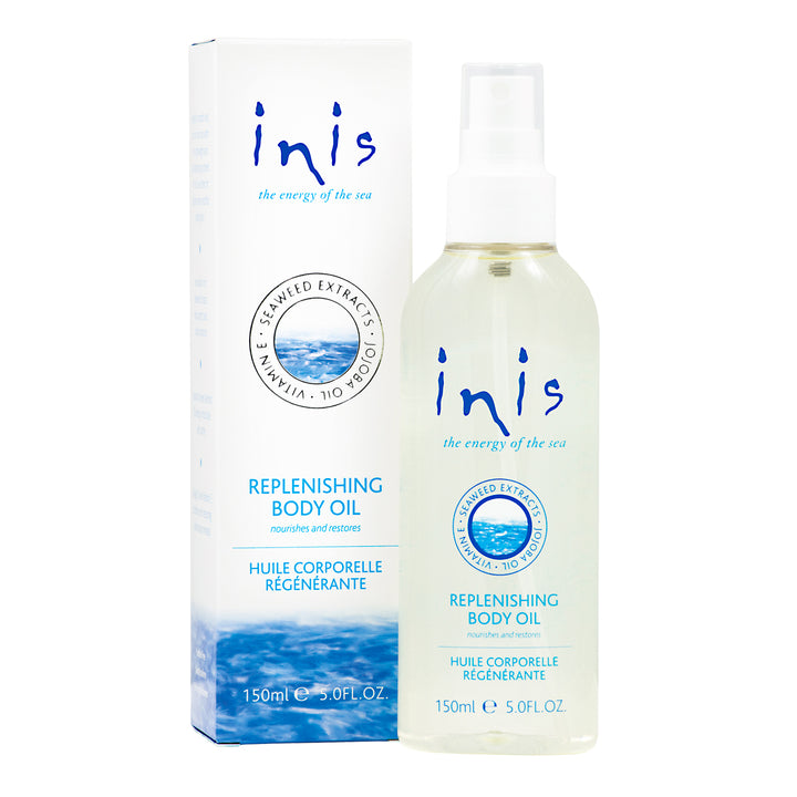 Inis Replenishing Body Oil 5 fl. oz. spray bottle featuring sea-inspired blue and white packaging.