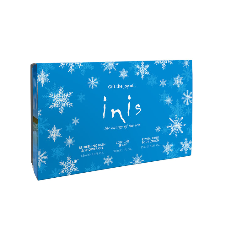 The Inis Christmas Ocean Love limited edition gift set featuring a cologne spray, bath and shower gel, and body lotion in a festive holiday box.