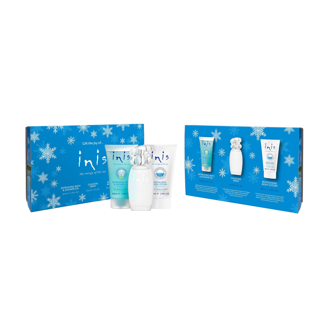 Close up of the Inis ocean-inspired fragrance and body care products included in the limited edition Christmas gift set.