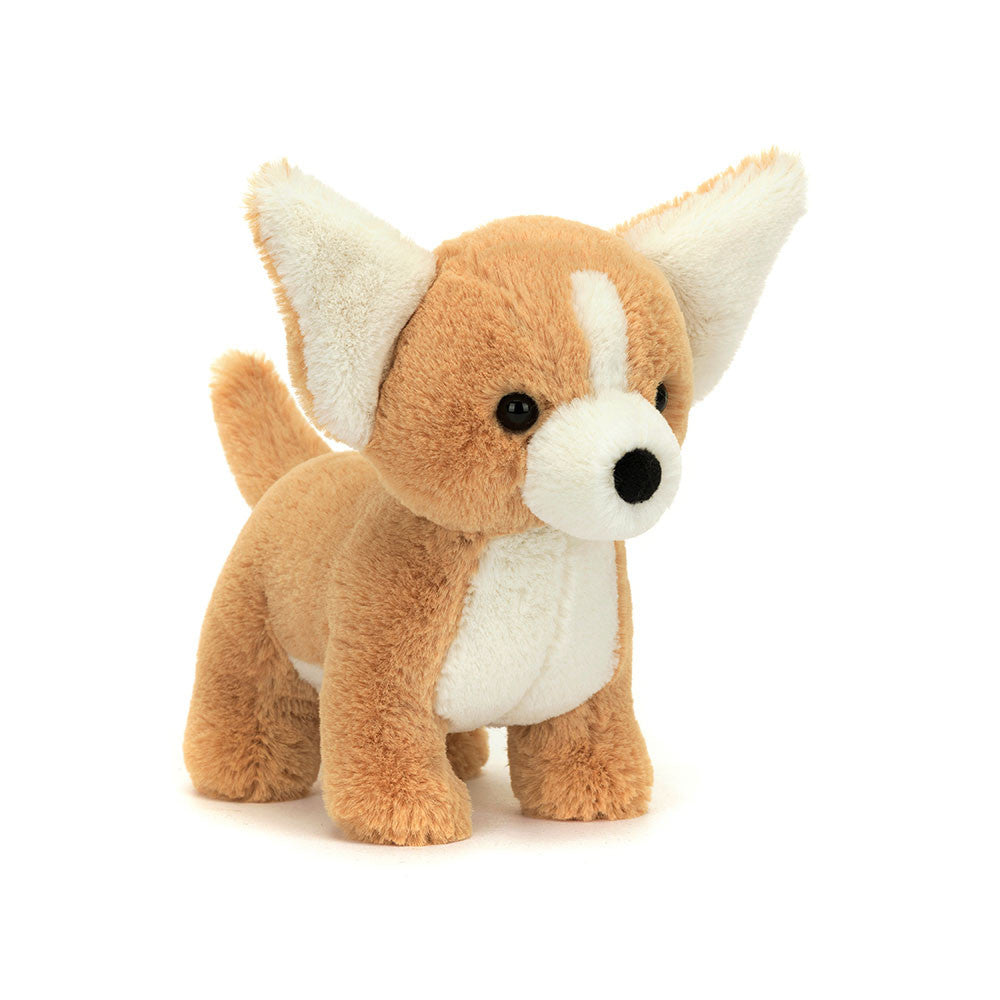 Jellycat Isobel Chihuahua plush stuffed animal displaying its signature honey-colored fur, prominent upright ears, and sitting dog posture.