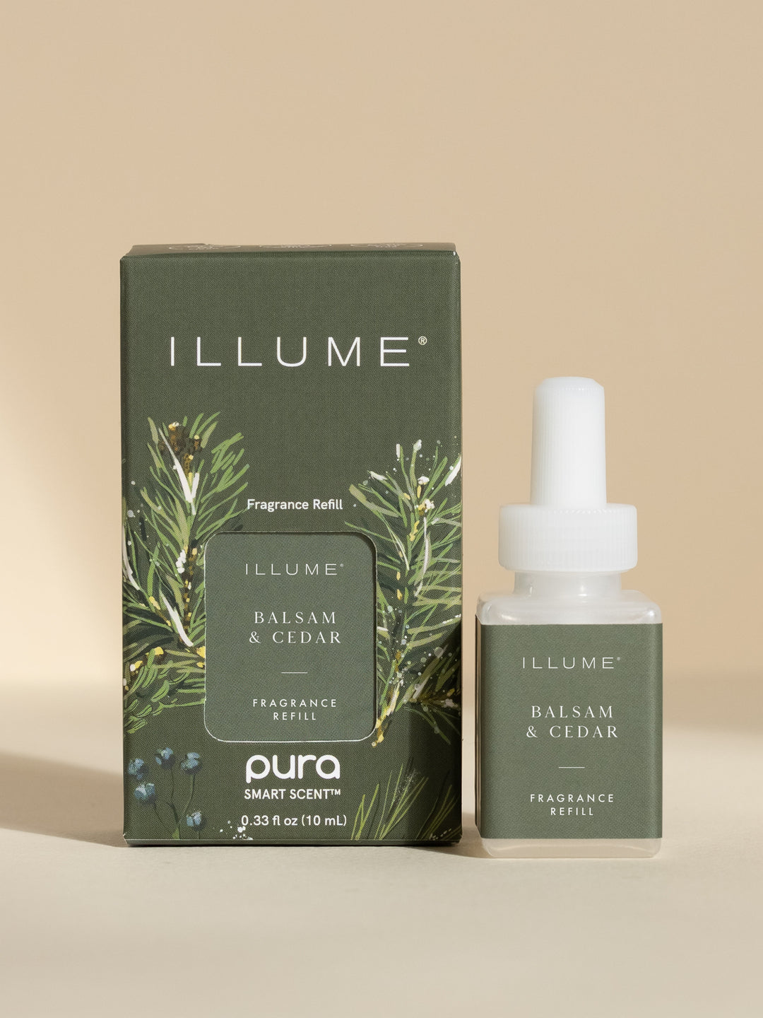 Pura Balsam &amp; Cedar smart fragrance vial by Illume, featuring a minimalist label on a neutral background