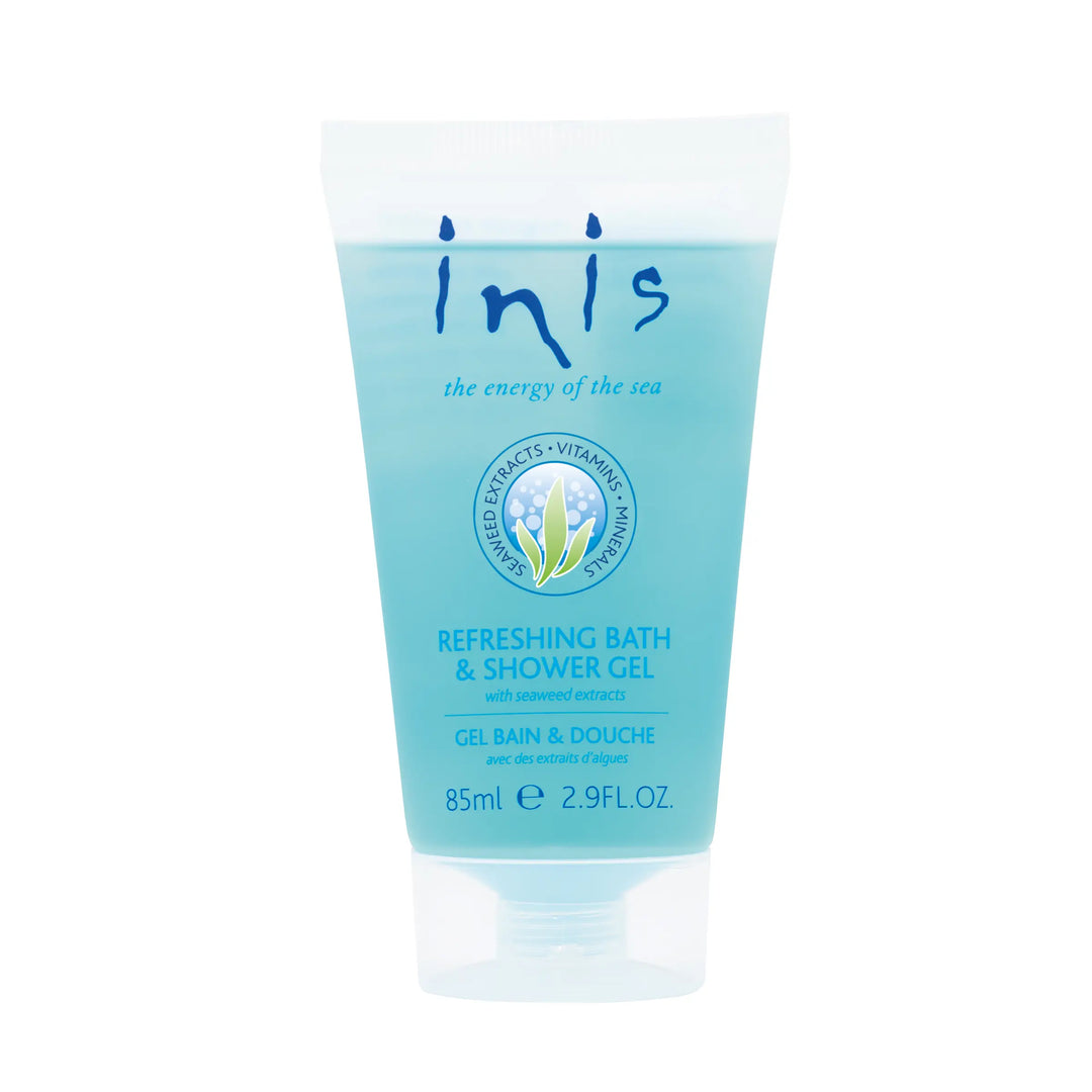 Inis Travel Size Shower Gel 2.9 fl. oz. tube; a portable blue and white bottle of sea-inspired refreshing body wash.