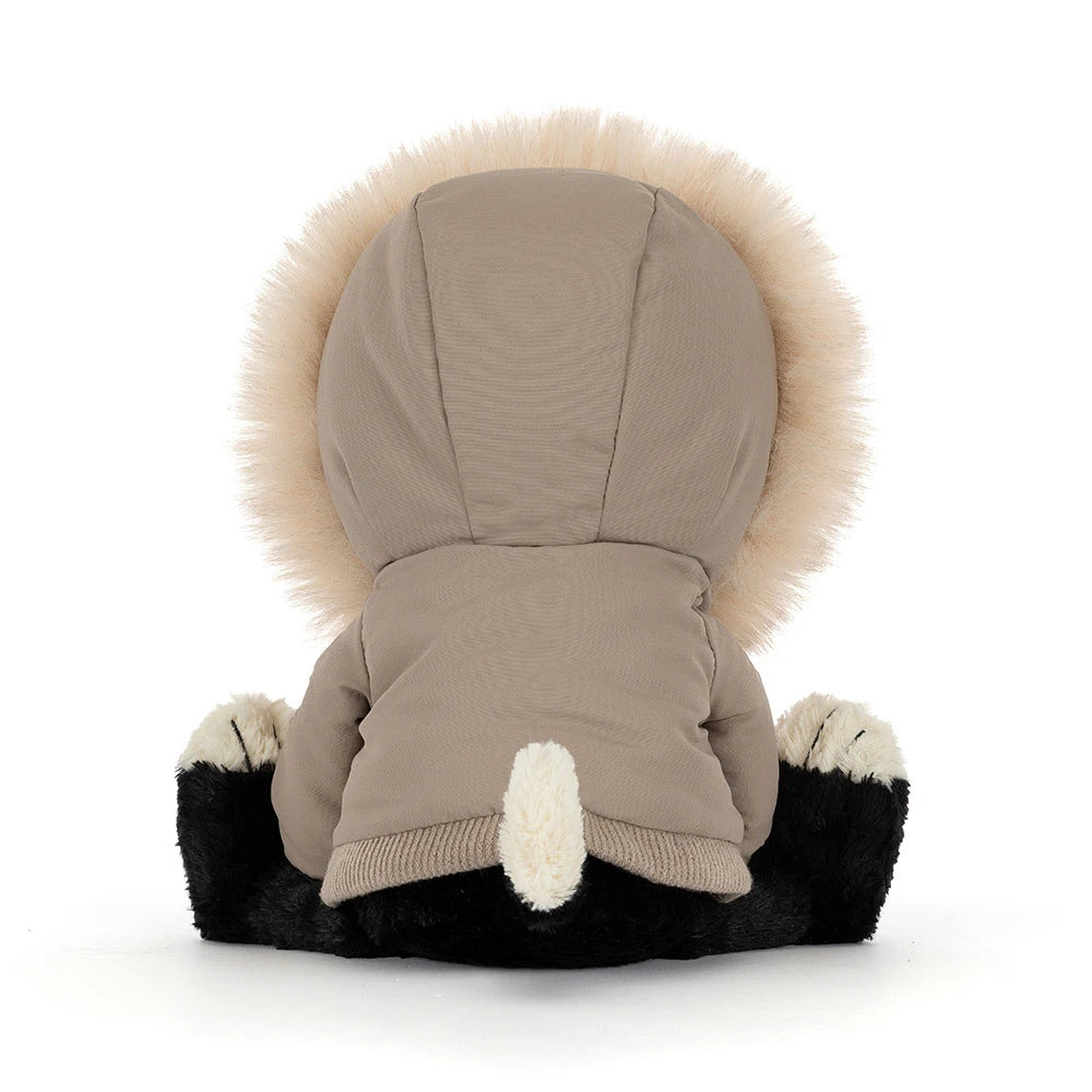 Jellycat Jack Alpine plush back view of the winter ski outfit