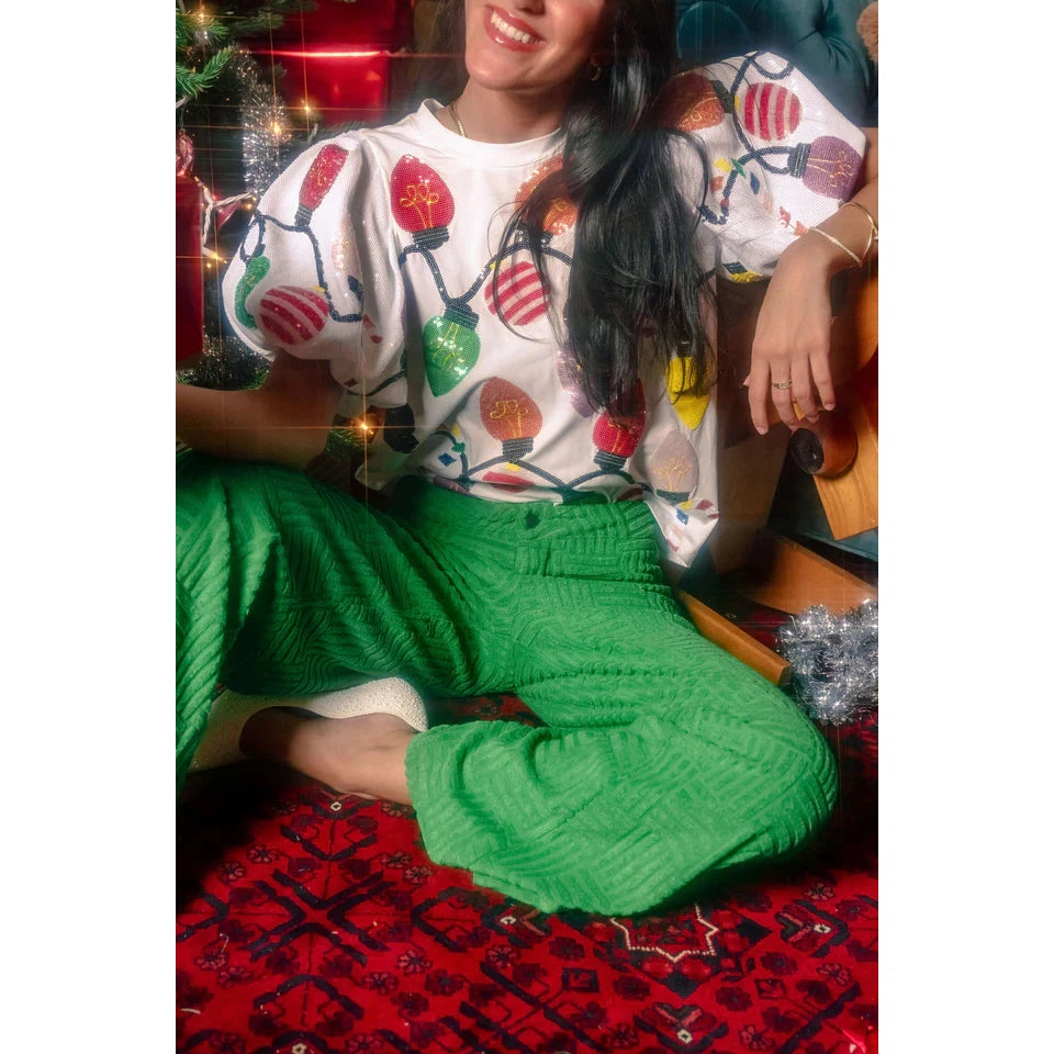 White Christmas Lights tee with Poof Sequin Sleeves