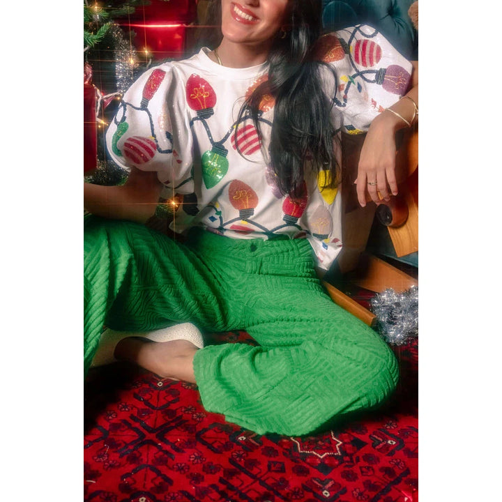 White Christmas Lights tee with Poof Sequin Sleeves