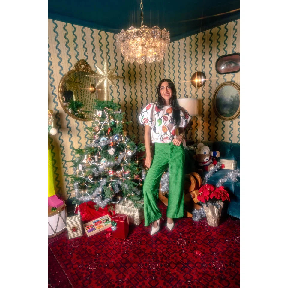 White Christmas Lights tee with Poof Sequin Sleeves