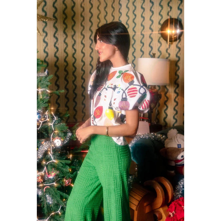 White Christmas Lights tee with Poof Sequin Sleeves