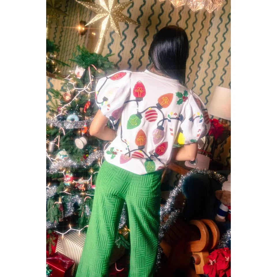 White Christmas Lights tee with Poof Sequin Sleeves